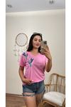 PAYETLİ KUŞ DESEN TSHIRT- PEMBE