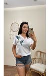 PAYETLİ KUŞ DESEN TSHIRT- BEYAZ