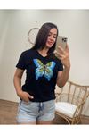 RENKLİ KELEBEK DESEN TSHIRT- SİYAH