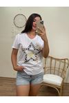 LEOPAR BASKILI YILDIZ TSHIRT- BEYAZ